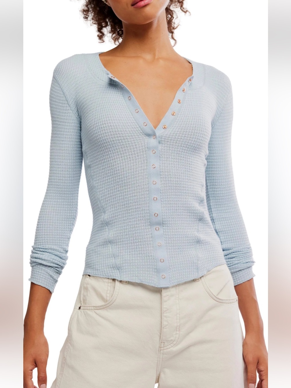 Free People Light Gray Waffle Knit Snap-Front Top - Picture 2 of 6
